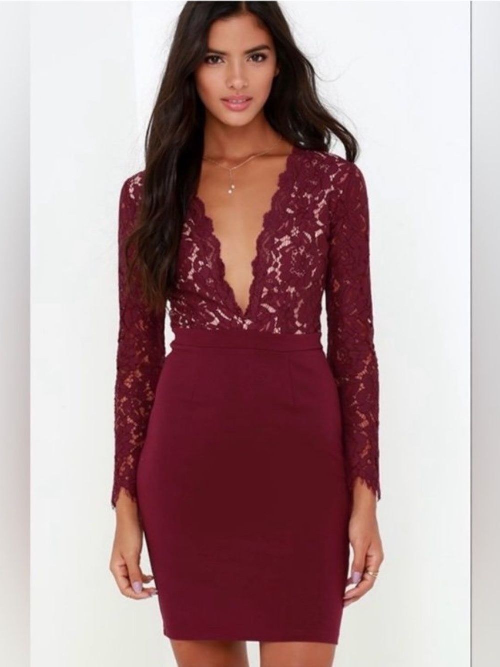 Lulu’s Swoon-er or Later Burgundy Long Sleeve Lace Deep V Neck  Dress Sz L